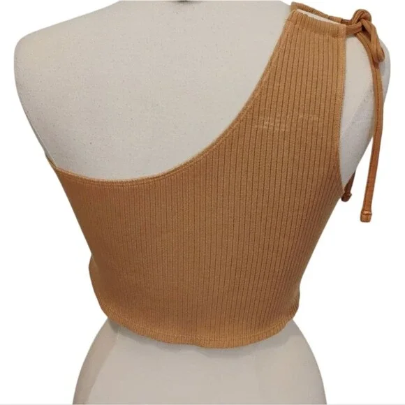 Aerie Tank Top Women's Cropped One Shoulder Tie Ribbed Playful Boho Beige XL - Picture 2 of 9